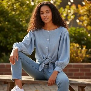 Breeches Crop Top Shirt Women 6 Chambray Button Front Tie Waist Vintage‎ Y2K